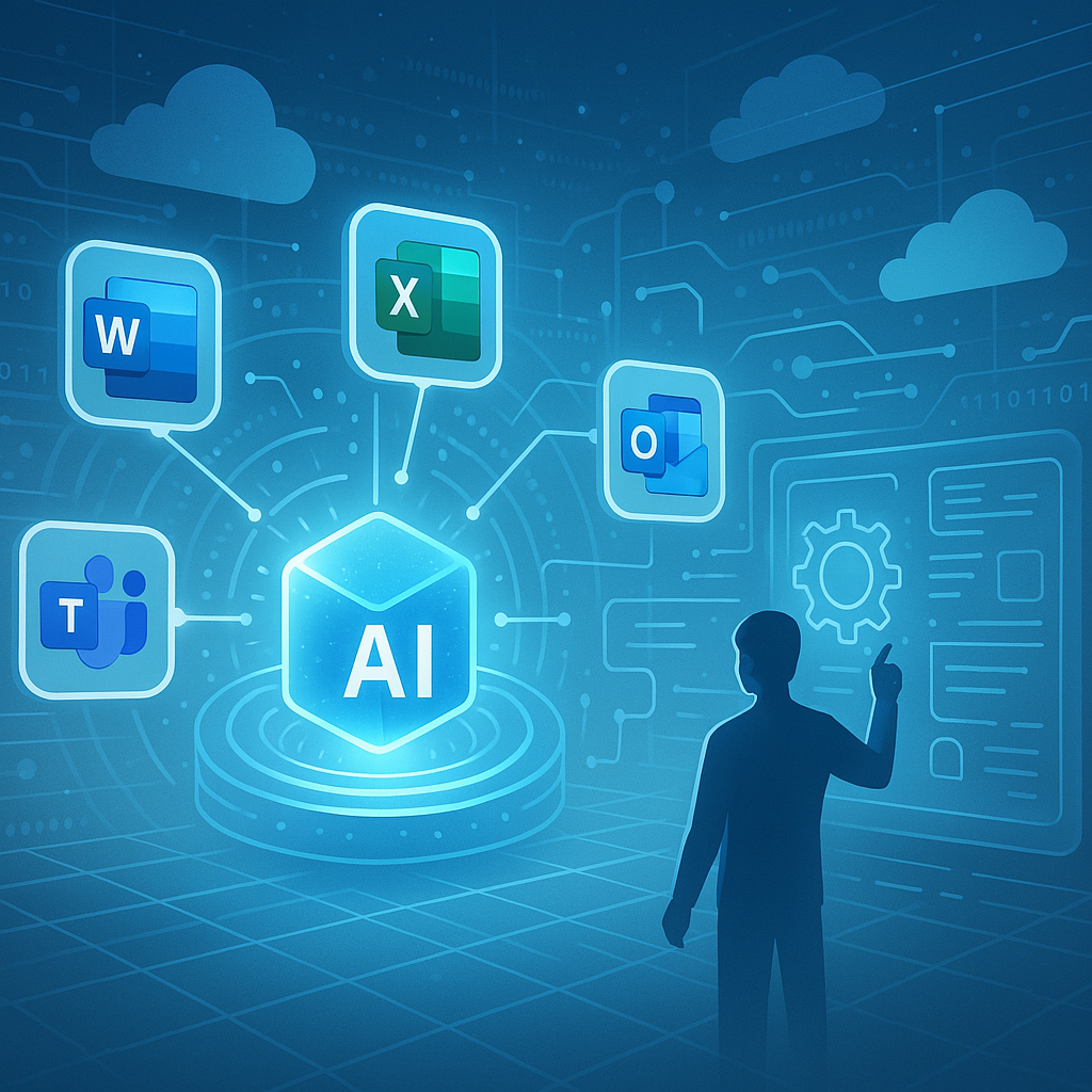 A conceptual illustration representing the creation of a Microsoft Copilot agent. The image features