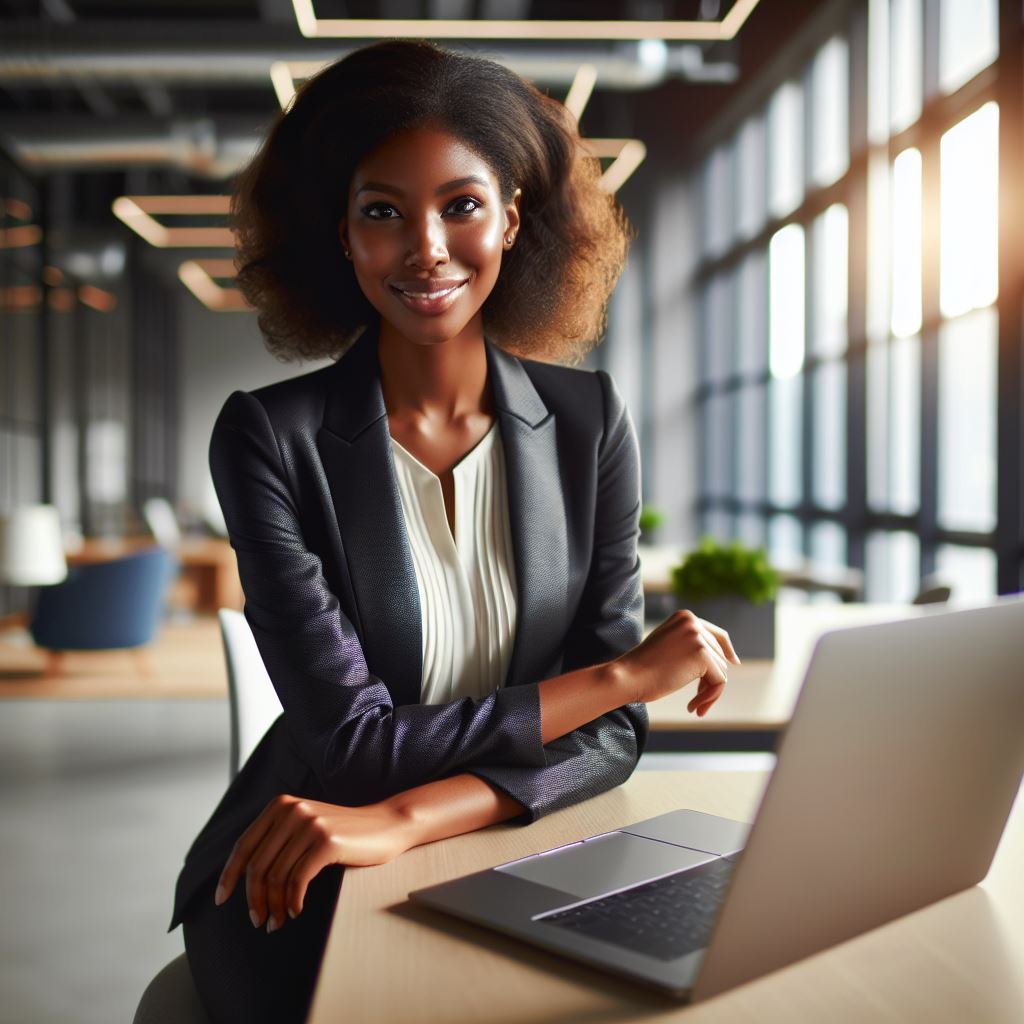 A professional African American woman in a modern office environment. She is seated comfortably at a-1